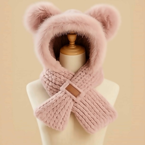 Knitted hood with neckerchief and ears - Pink