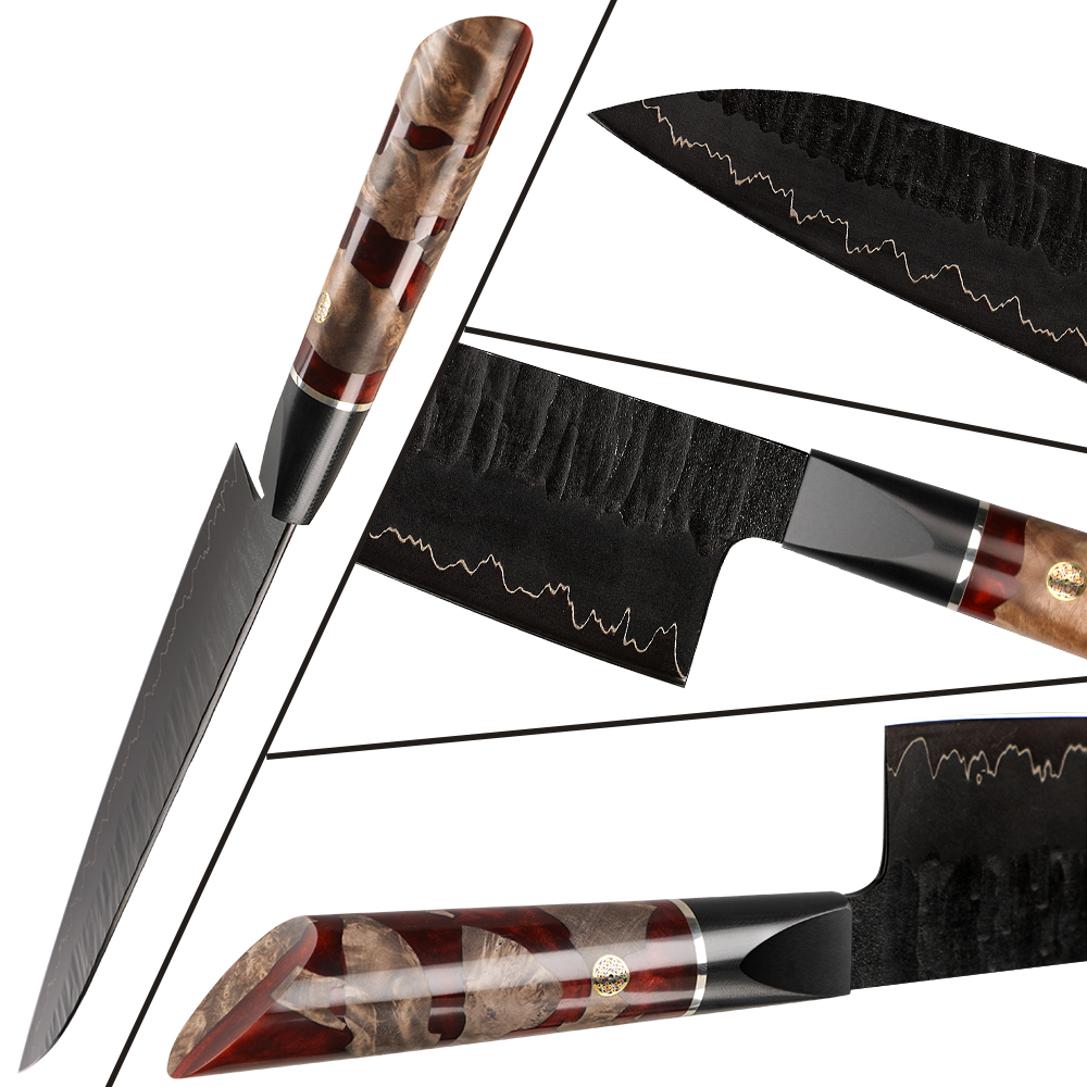 Damascus Kitchen Knife EN-37394 - Kiritsuke / Red / Brown