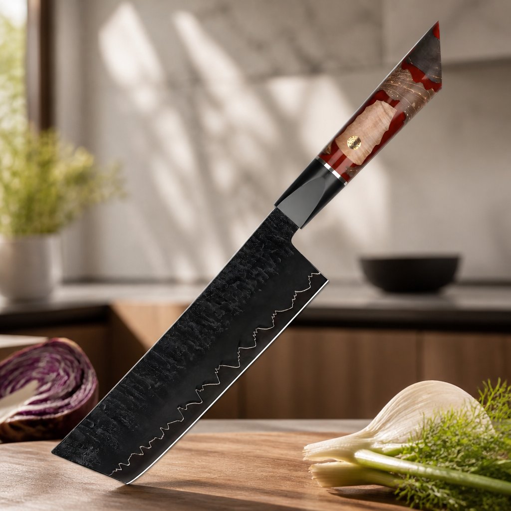 Damascus Kitchen Knife EN-37393 - Nakiri / Red / Brown